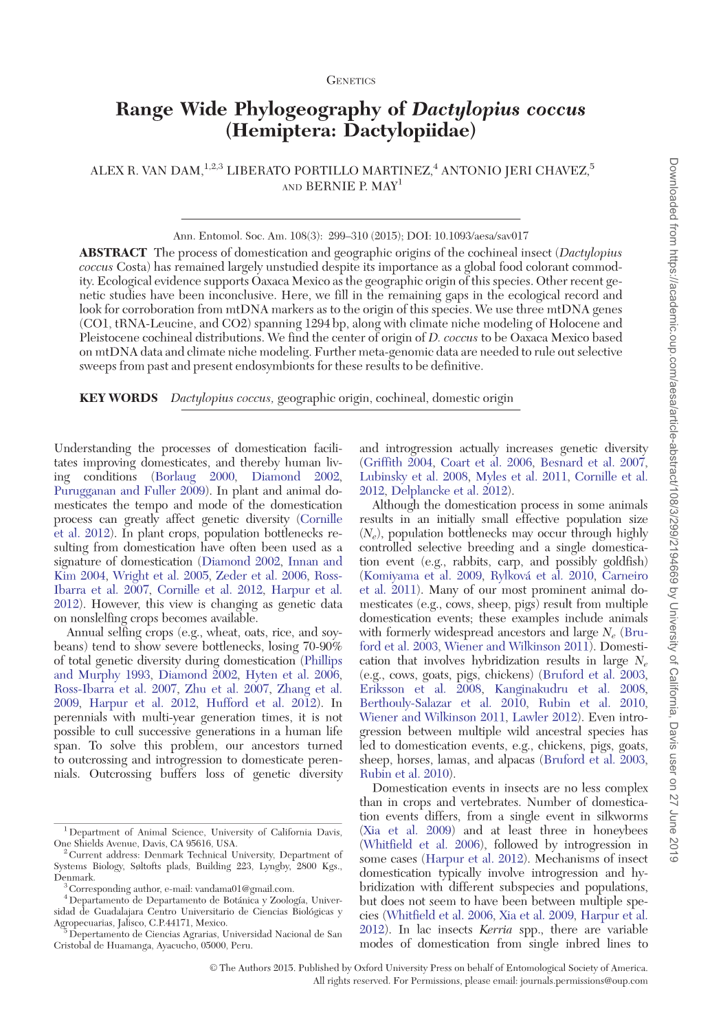 Range Wide Phylogeography of Dactylopius Coccus (Hemiptera