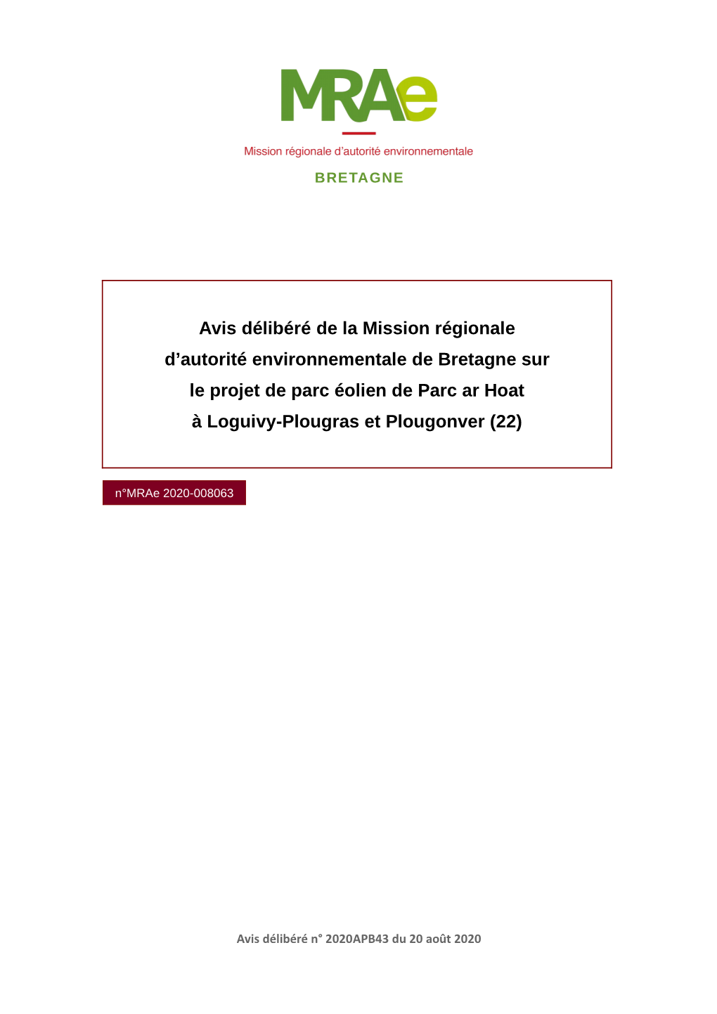 Avis Délibéré De La Mission Régionale D'autorité Environnementale De