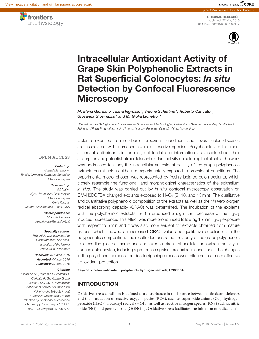 Intracellular Antioxidant Activity of Grape Skin Polyphenolic Extracts in Rat Superﬁcial Colonocytes: in Situ Detection by Confocal Fluorescence Microscopy