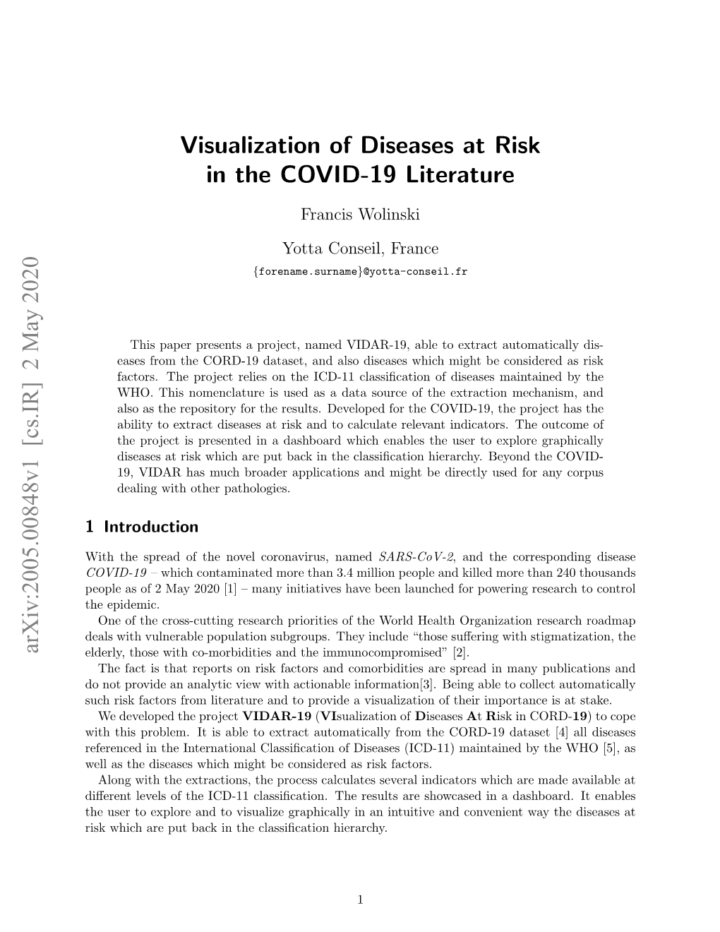 Visualization of Diseases at Risk in the COVID-19 Literature Arxiv:2005.00848V1 [Cs.IR] 2 May 2020