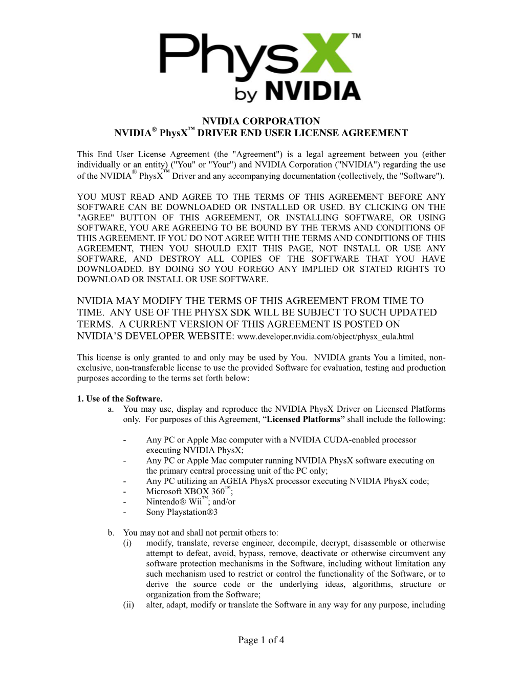 Page 1 of 4 NVIDIA CORPORATION NVIDIA Physx DRIVER END USER