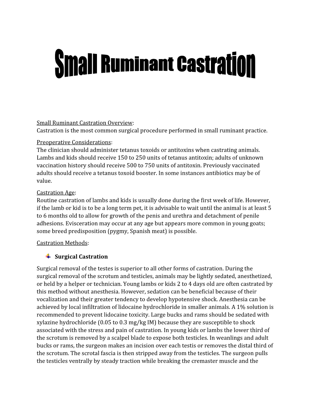 Small Ruminant Castration Overview: Castration Is the Most Common Surgical Procedure Performed in Small Ruminant Practice