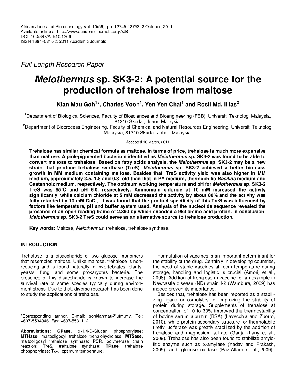Meiothermus Sp. SK3-2: a Potential Source for the Production of Trehalose from Maltose