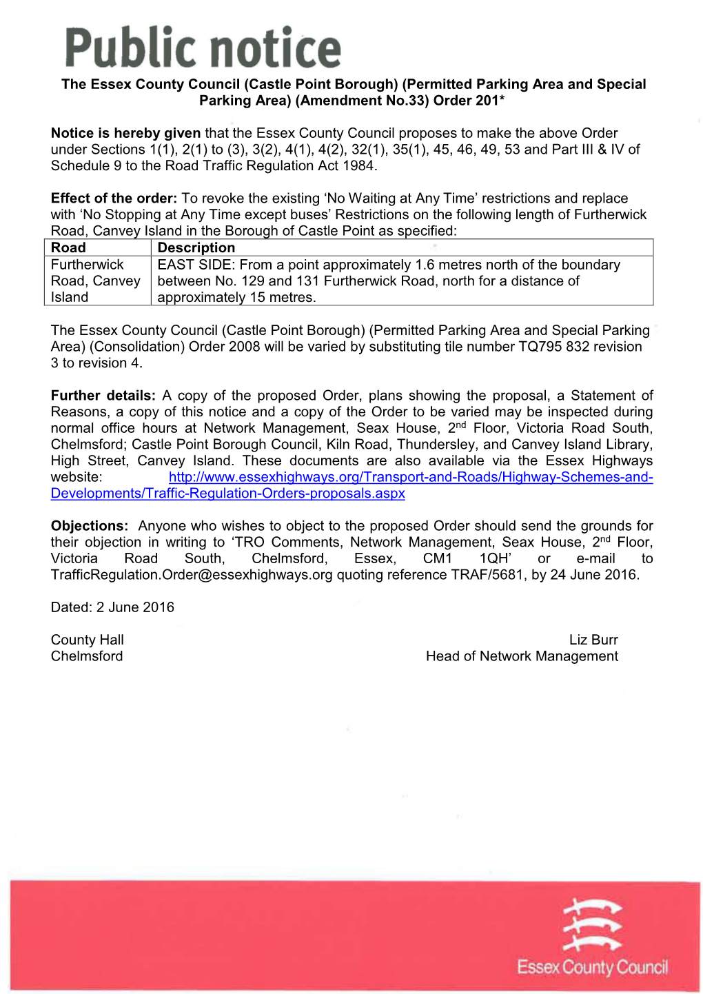 The Essex County Council (Castle Point Borough) (Permitted Parking Area and Special Parking Area) (Amendment No.33) Order 201*