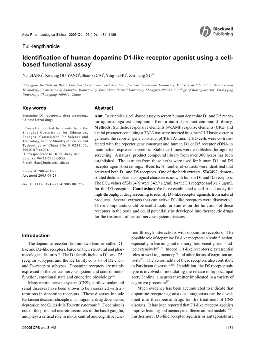 Identification of Human Dopamine D1-Like Receptor Agonist Using a Cell- Based Functional Assay1
