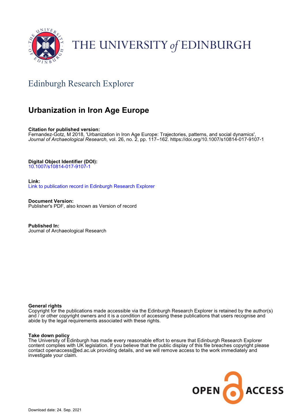 Urbanization in Iron Age Europe: Trajectories, Patterns, and Social Dynamics', Journal of Archaeological Research, Vol