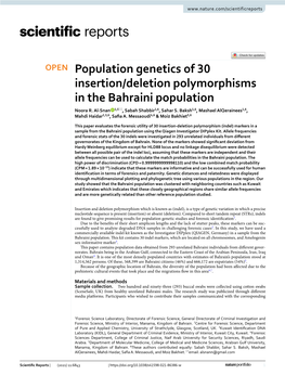 Population Genetics of 30 Insertion/Deletion Polymorphisms in the Bahraini Population Noora R