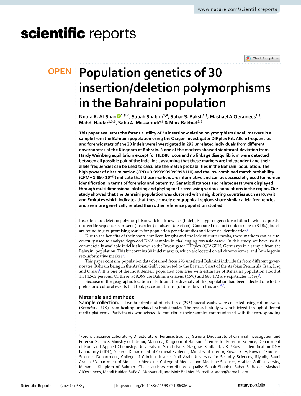 Population Genetics of 30 Insertion/Deletion Polymorphisms in the Bahraini Population Noora R