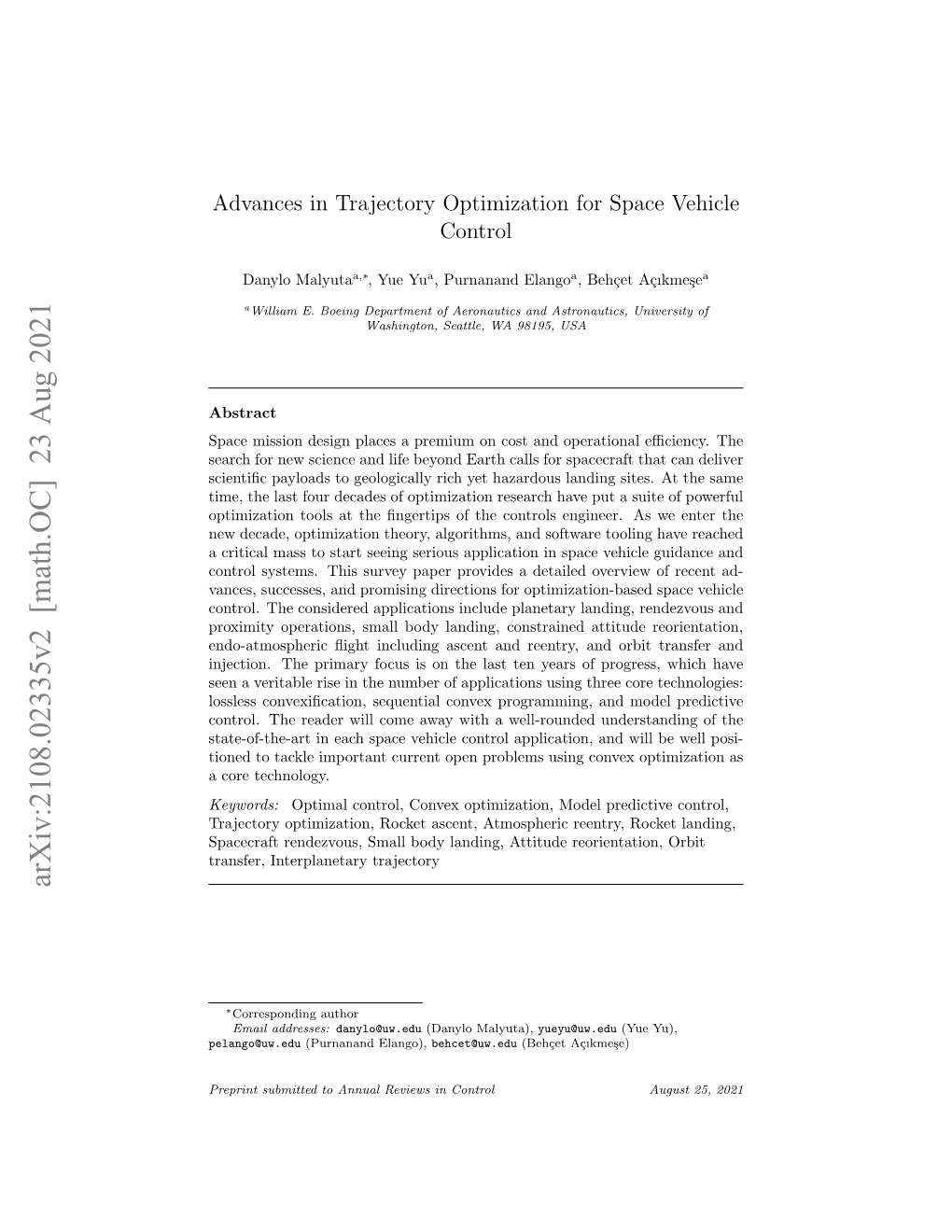 Advances in Trajectory Optimization for Space Vehicle Control