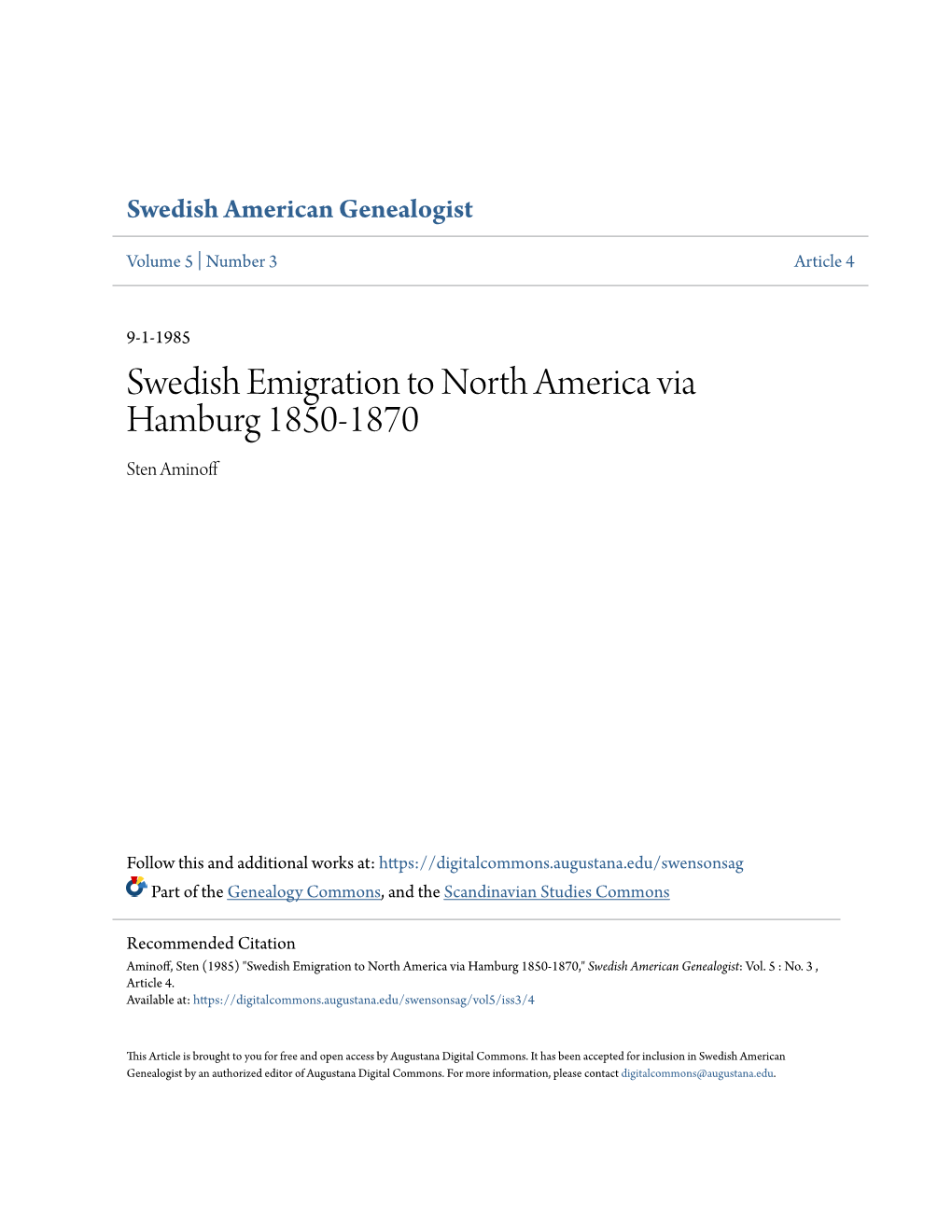 Swedish Emigration to North America Via Hamburg 1850-1870 Sten Aminoff