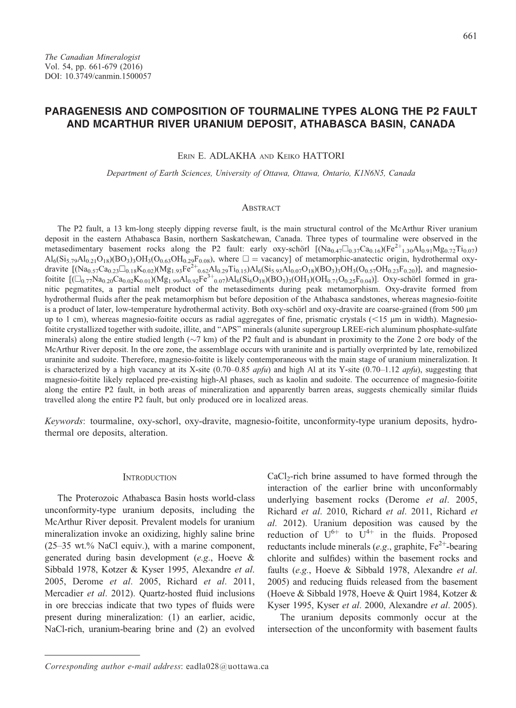 Paragenesis and Composition of Tourmaline Types Along the P2 Fault and Mcarthur River Uranium Deposit, Athabasca Basin, Canada