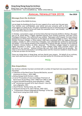 Annual Newsletter 2019 Dec 2019 Message from the Archivist Dear Friends of the HKSKH Archives
