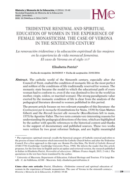 Tridentine Renewal and Spiritual Education of Women in the Experience of Female Monasticism
