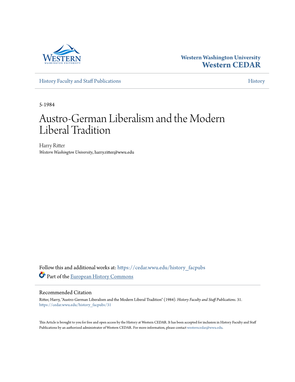 Austro-German Liberalism and the Modern Liberal Tradition Harry Ritter Western Washington University, Harry.Ritter@Wwu.Edu