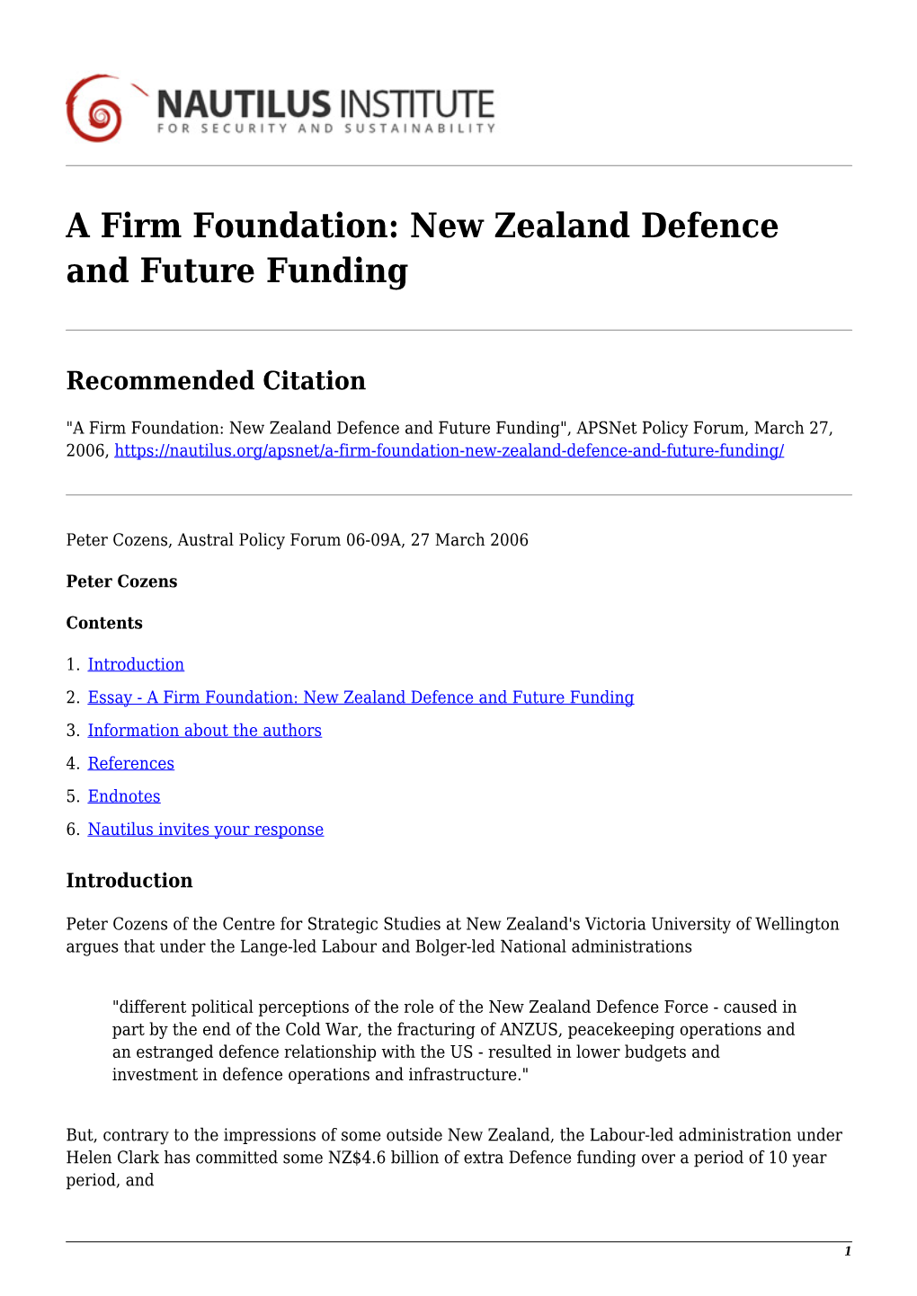 A Firm Foundation: New Zealand Defence and Future Funding