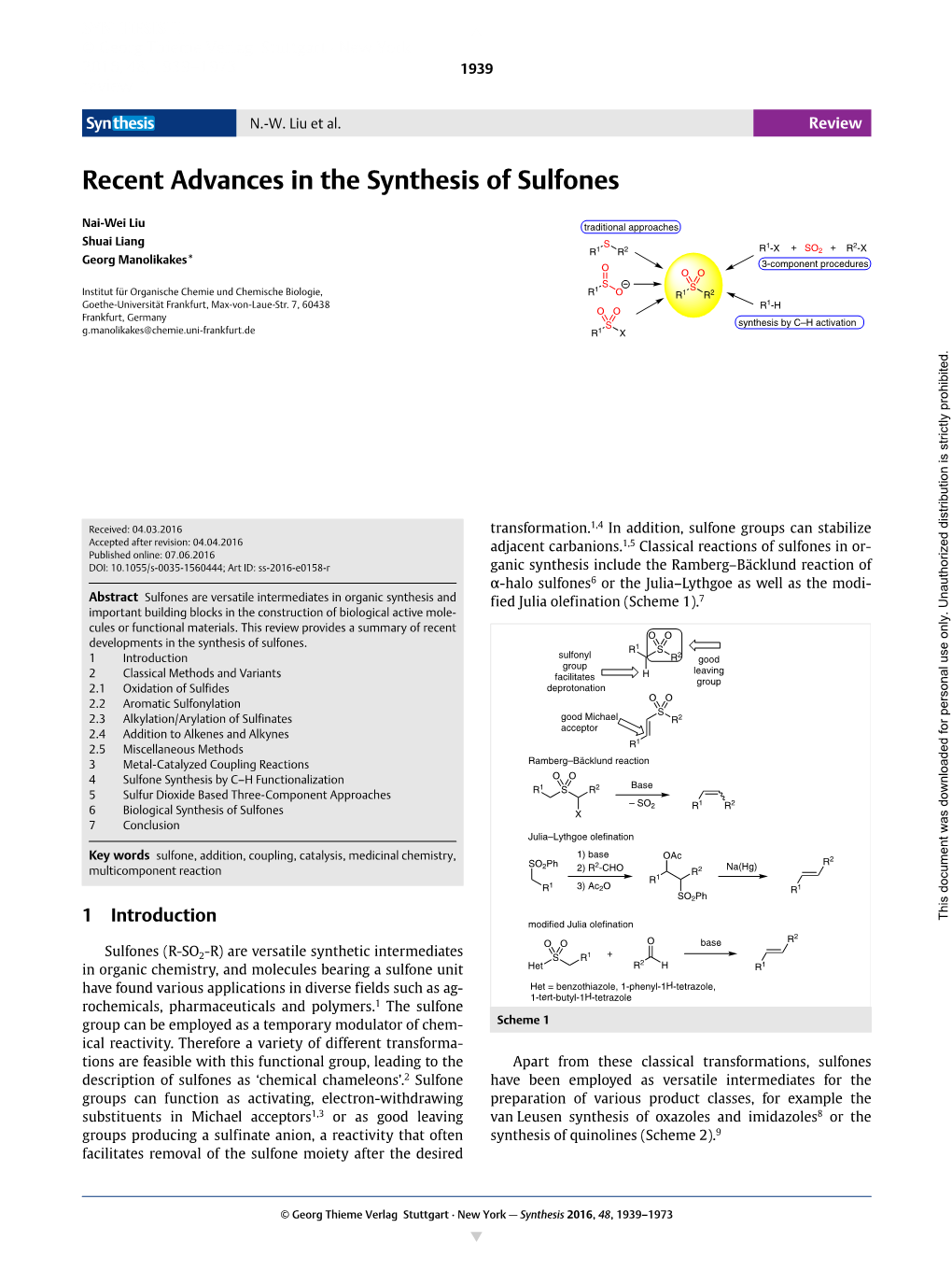 Recent Advances in the Synthesis of Sulfones