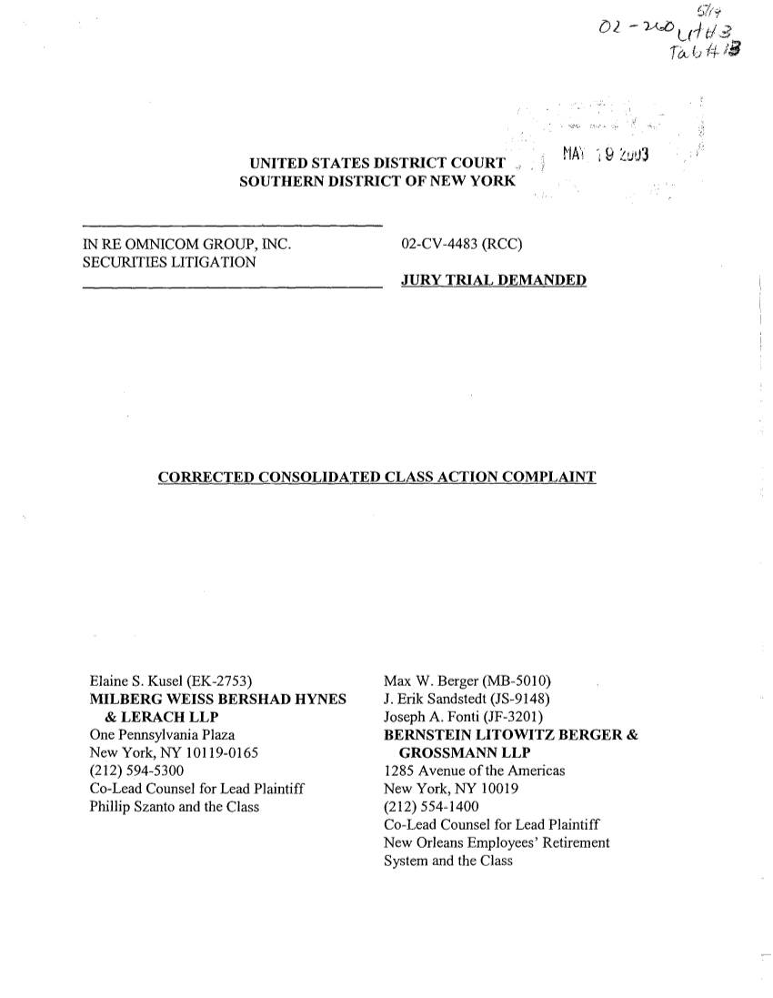 In Re: Omnicom Group, Inc. Securities Litigation 02-CV-04483-Corrected
