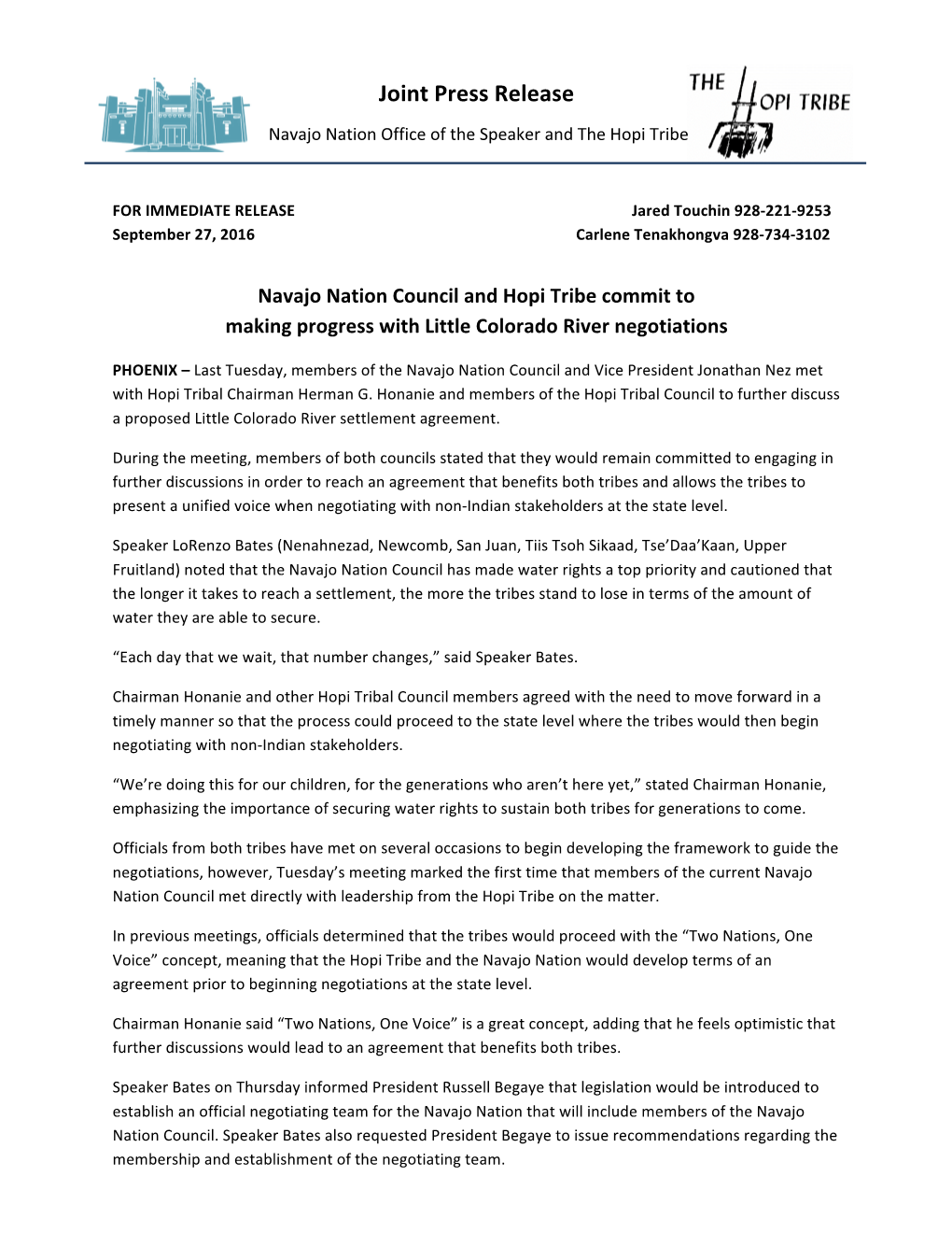 Navajo Nation Council and Hopi Tribe Commit to Making Progress with Little Colorado River Negotiations