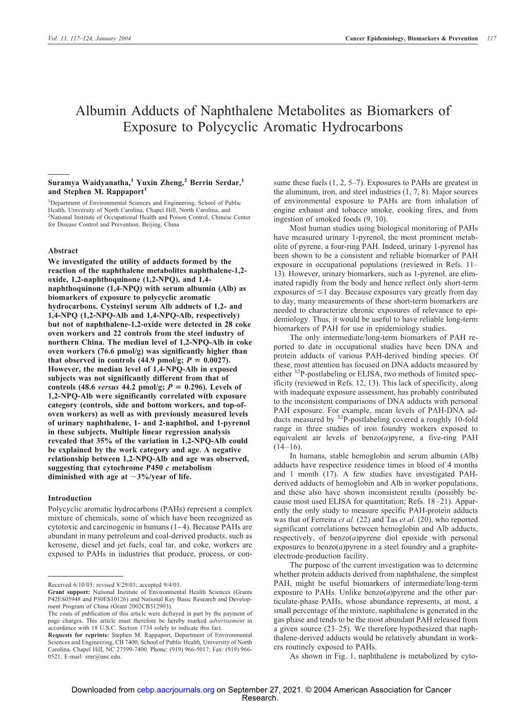 Albumin Adducts of Naphthalene Metabolites As Biomarkers of Exposure to Polycyclic Aromatic Hydrocarbons