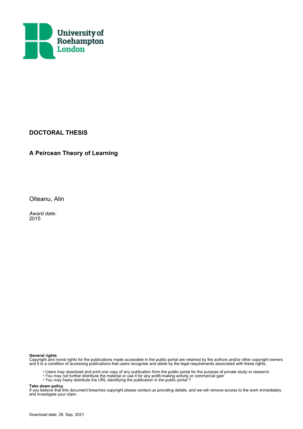 DOCTORAL THESIS a Peircean Theory of Learning Olteanu, Alin