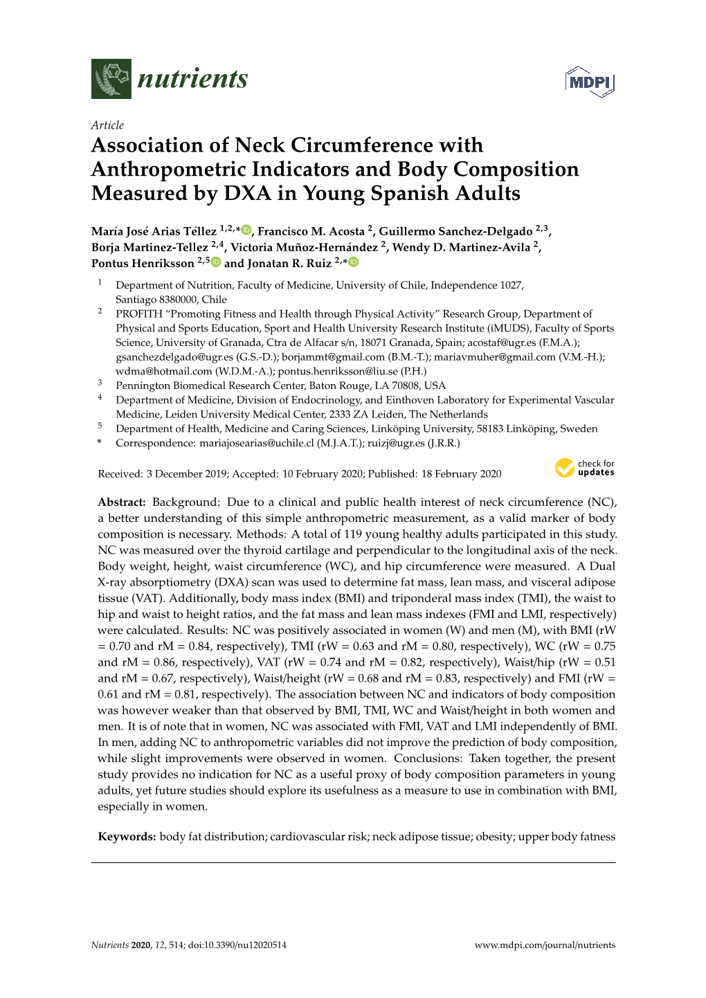 Association of Neck Circumference with Anthropometric Indicators and Body Composition Measured by DXA in Young Spanish Adults