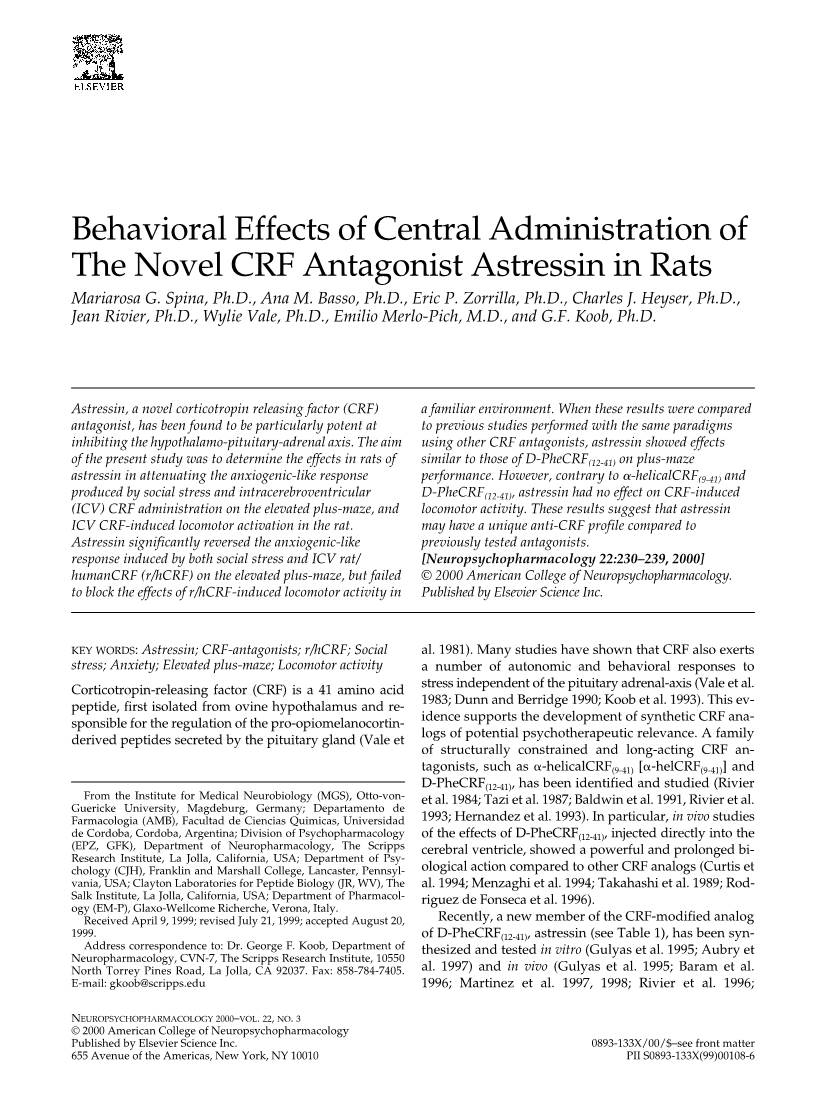 Behavioral Effects of Central Administration of the Novel CRF Antagonist Astressin in Rats Mariarosa G