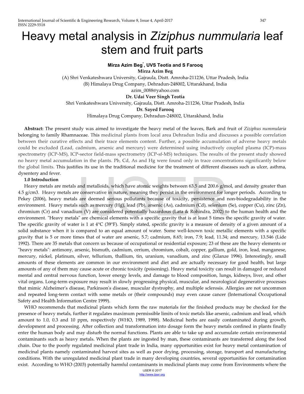 Heavy Metal Analysis in Ziziphus Nummularia Leaf Stem and Fruit Parts