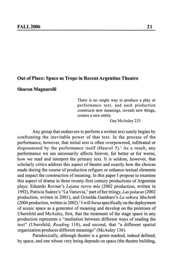 Space As Trope in Recent Argentine Theatre Sharon Magnarelli