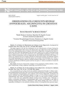 Observations on Cordyceps Riverae (Hypocreales, Ascomycota) in Croatian Caves