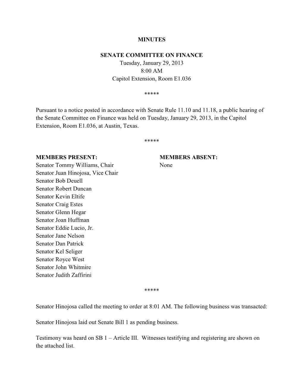 MINUTES SENATE COMMITTEE on FINANCE Tuesday, January