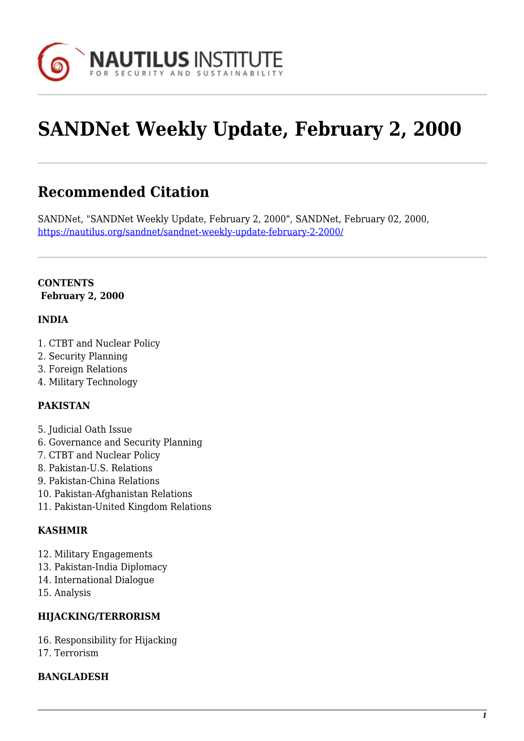 Sandnet Weekly Update, February 2, 2000