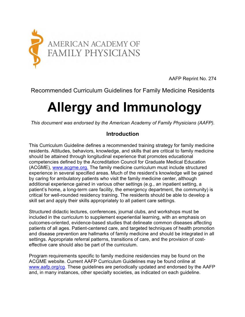 Allergy and Immunology This Document Was Endorsed by the American Academy of Family Physicians (AAFP)