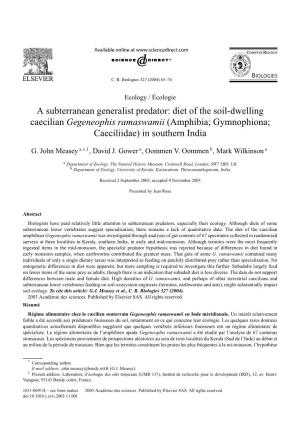 A Subterranean Generalist Predator: Diet of the Soil-Dwelling Caecilian Gegeneophis Ramaswamii (Amphibia; Gymnophiona; Caeciliidae) in Southern India