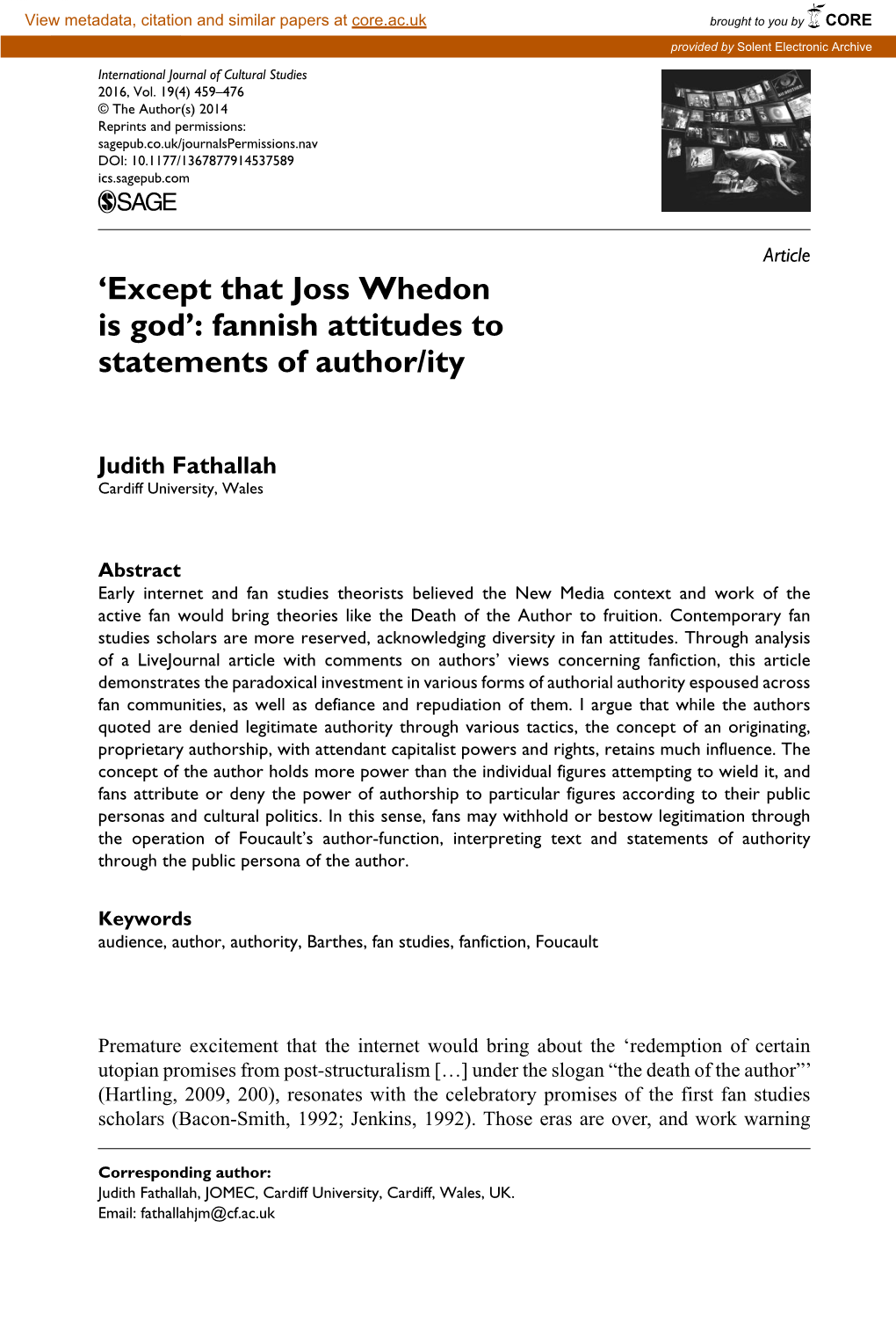 Except That Joss Whedon Is God’: Fannish Attitudes to Statements of Author/Ity