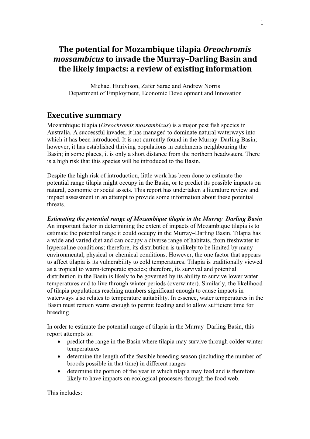 The Potential For Mozambique Tilapia Oreochromis Mossambicus To Invade The Murray–Darling Basin And The Likely Impacts