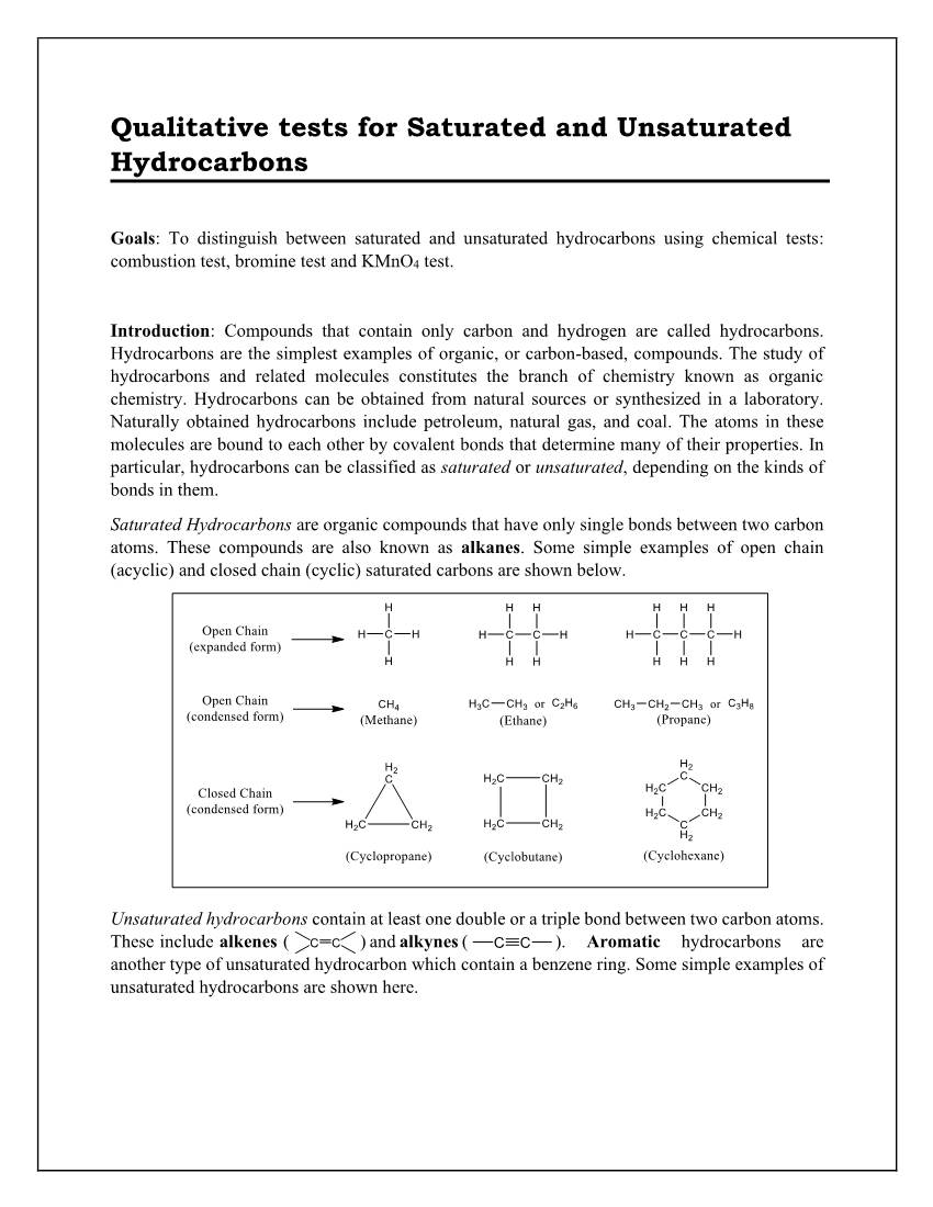 Qualitative Tests for Saturated and Unsaturated Hydrocarbons