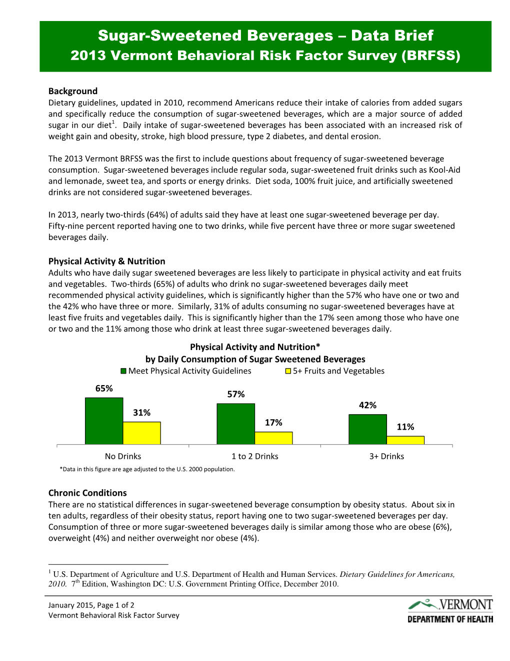 Sugar-Sweetened Beverages – Data Brief 2013 Vermont Behavioral Risk Factor Survey (BRFSS)