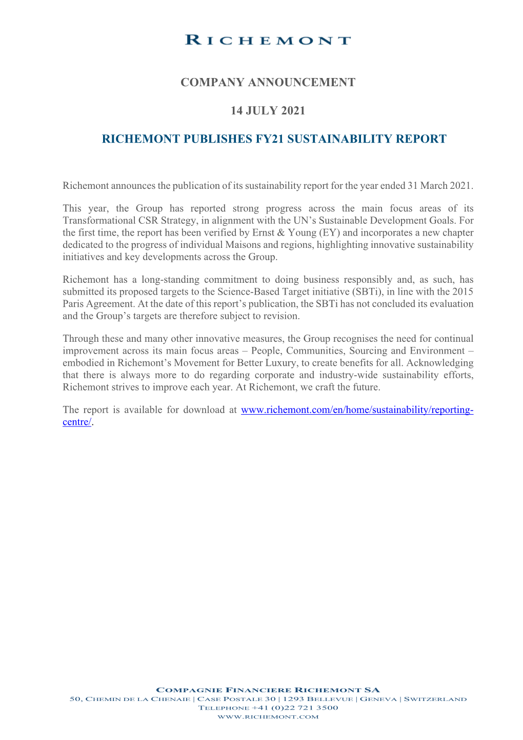 Company Announcement 14 July 2021 Richemont Publishes Fy21 Sustainability Report