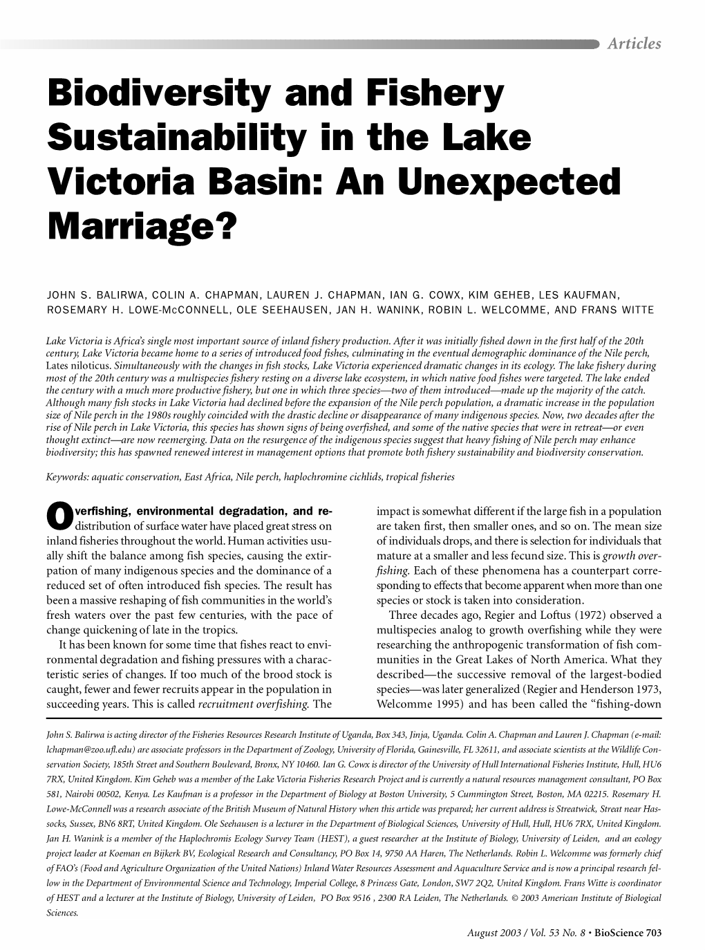 Biodiversity and Fishery Sustainability in the Lake Victoria Basin: an Unexpected Marriage?