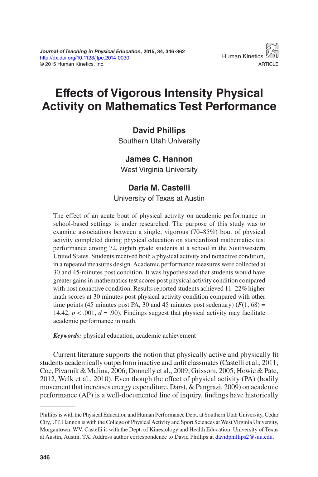 Effects of Vigorous Intensity Physical Activity on Mathematics Test Performance