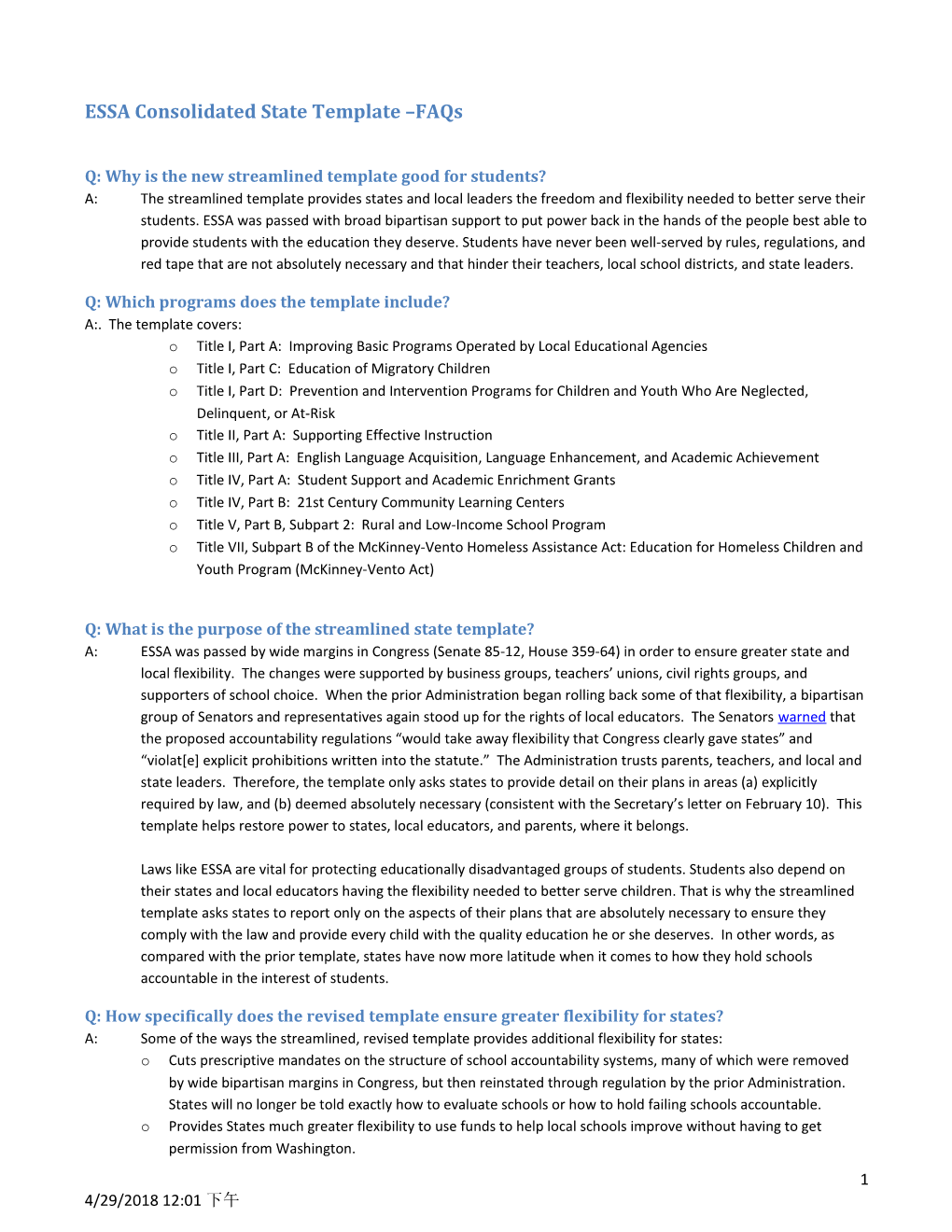 ESSA Consolidated State Template Faqs March 13, 2017