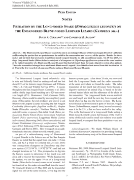 Notes Predation by the Long-Nosed Snake (Rhinocheilus Lecontei) on the Endangered Blunt-Nosed Leopard Lizard (Gambelia Sila)