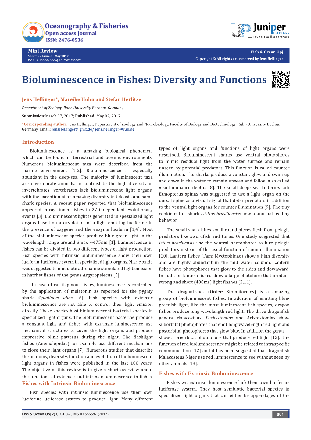 Bioluminescence in Fishes: Diversity and Functions