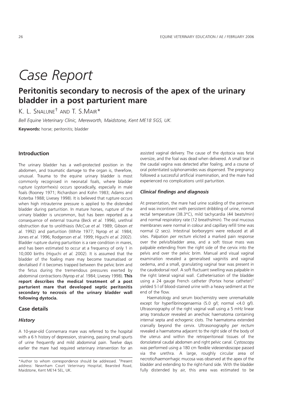 Case Report Peritonitis Secondary to Necrosis of the Apex of the Urinary Bladder in a Post Parturient Mare K
