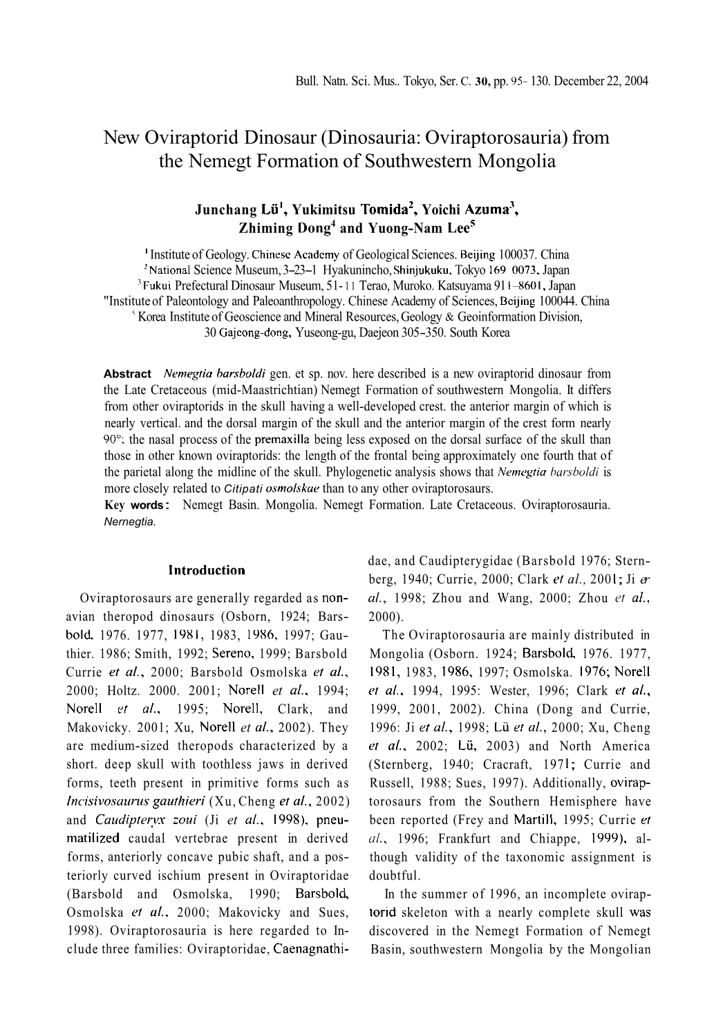 New Oviraptorid Dinosaur (Dinosauria: Oviraptorosauria) from the Nemegt Formation of Southwestern Mongolia