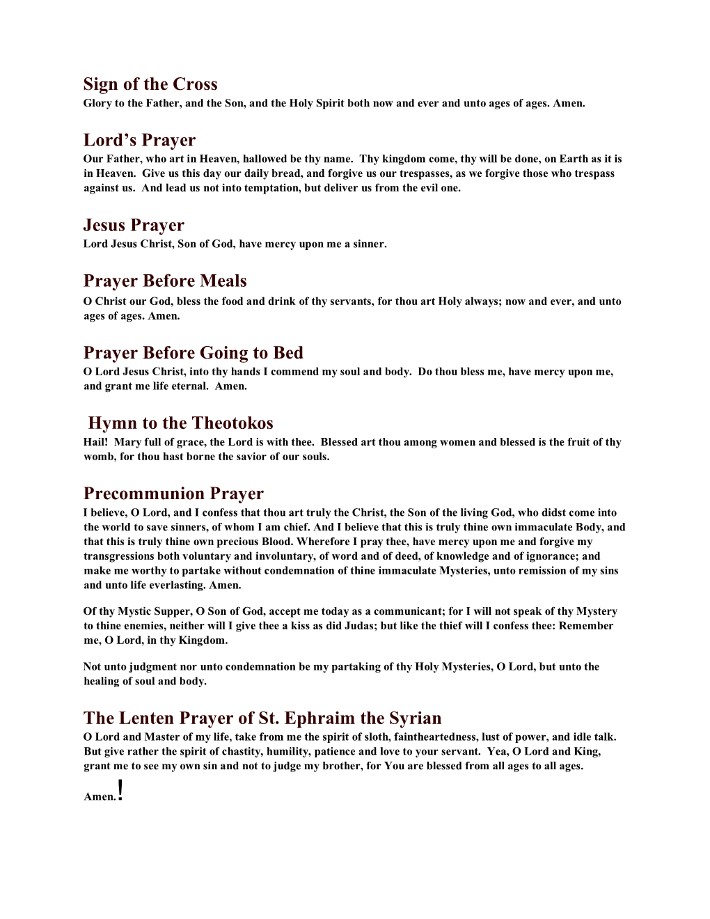 Sign of the Cross Lord's Prayer Jesus Prayer Prayer Before Meals
