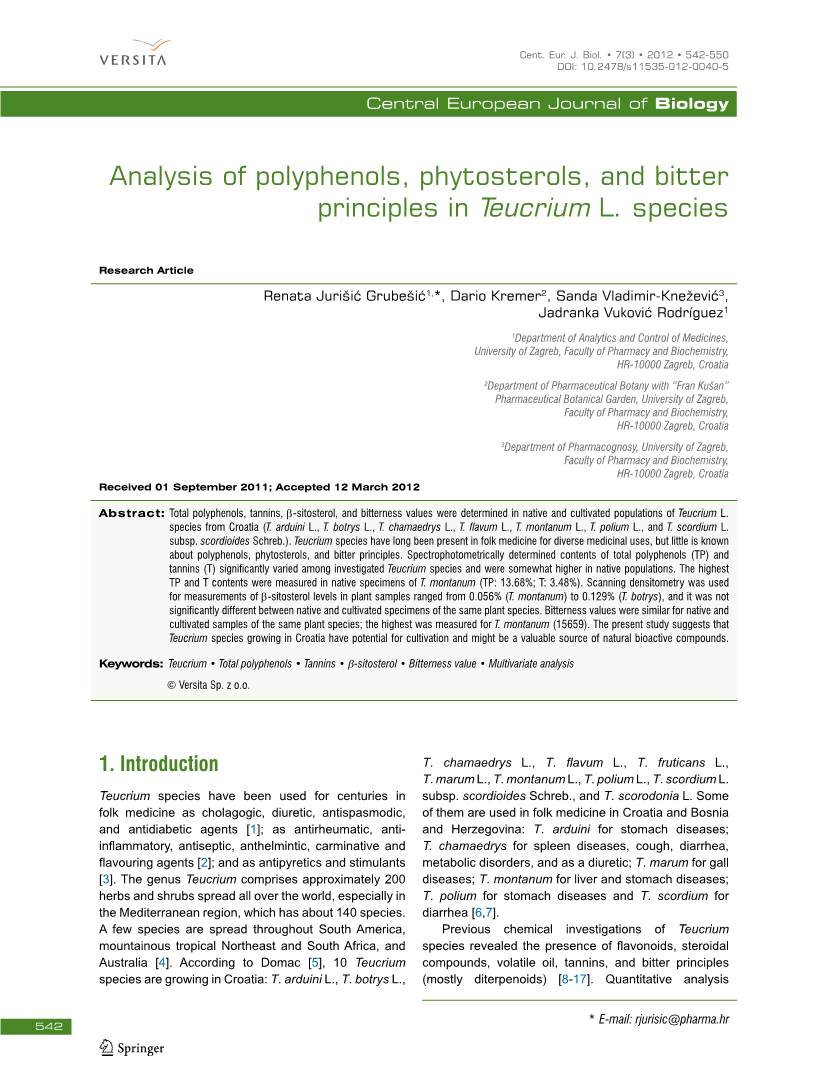 Analysis of Polyphenols, Phytosterols, and Bitter Principles in Teucrium L