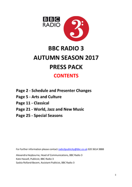 Bbc Radio 3 Autumn Season 2017 Press Pack Contents