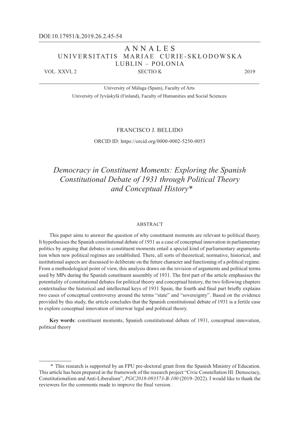 Exploring the Spanish Constitutional Debate of 1931 Through Political Theory and Conceptual History*