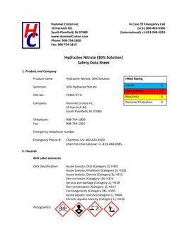 Hydrazine Nitrate (30% Solution) Safety Data Sheet